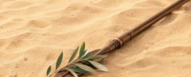 Un paysage désertique serein, baigné de tons dorés chaleureux, présente de douces ondulations de sable et quelques petits cailloux épars. Au premier plan, une lance en bronze à la pointe angulaire et légèrement patinée repose en diagonale dans la scène, accompagnée d’un petit rameau d’olivier, créant une nature morte paisible et minimaliste sur un sable tranquille.