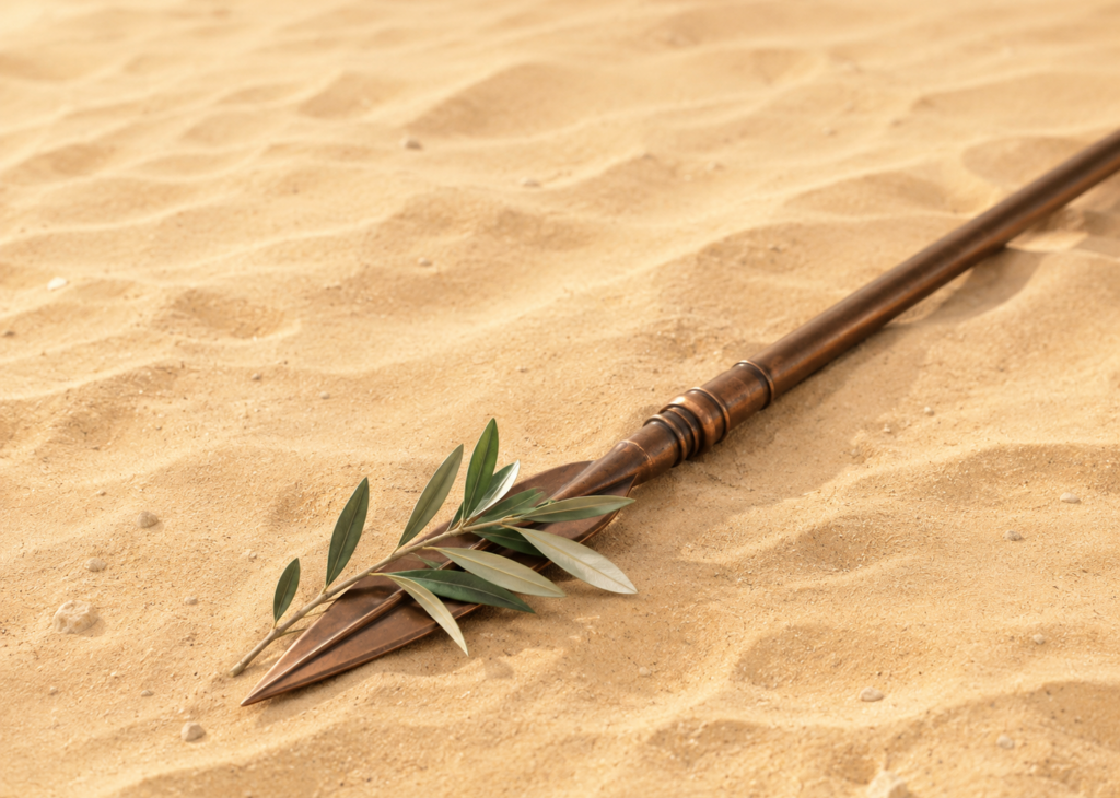 Un paysage désertique serein, baigné de tons dorés chaleureux, présente de douces ondulations de sable et quelques petits cailloux épars. Au premier plan, une lance en bronze à la pointe angulaire et légèrement patinée repose en diagonale dans la scène, accompagnée d’un petit rameau d’olivier, créant une nature morte paisible et minimaliste sur un sable tranquille.