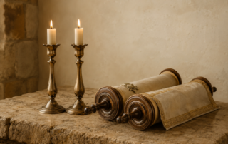 Illustration de la Paracha Ki Tavo avec deux bougies de Chabbat allumées et un rouleau de Torah posé sur une table en pierre.