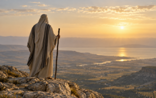 Moché observant la Terre d’Israël depuis une montagne au coucher du soleil, illustration de la Paracha Zot Haberakha et de la vision prophétique.