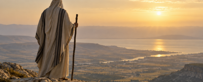 Moché observant la Terre d’Israël depuis une montagne au coucher du soleil, illustration de la Paracha Zot Haberakha et de la vision prophétique.