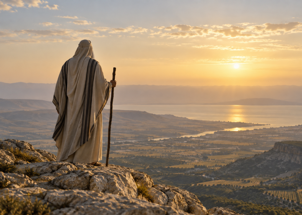 Moché observant la Terre d’Israël depuis une montagne au coucher du soleil, illustration de la Paracha Zot Haberakha et de la vision prophétique.