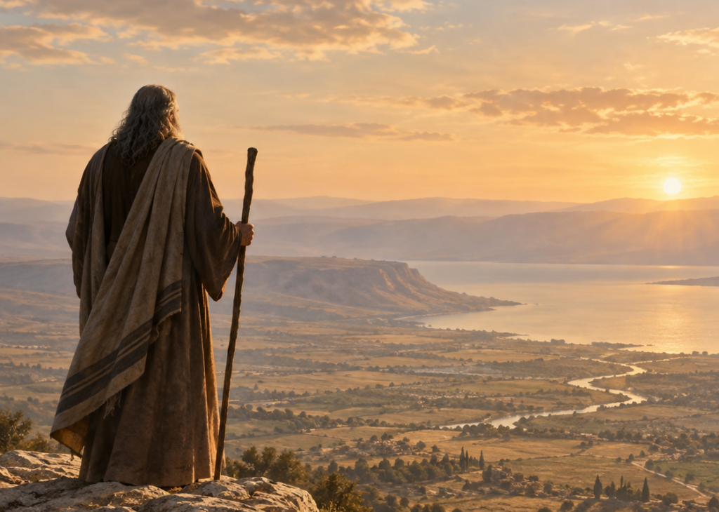 Moché contemplant la Terre d’Israël depuis une montagne au coucher du soleil, illustration de la Paracha Zot Haberakha et de sa vision prophétique.