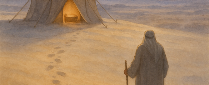 Avraham vu de dos, un bâton à la main, face à une tente éclairée dans le désert sous une étoile, illustration de la paracha Lekh Lekha.