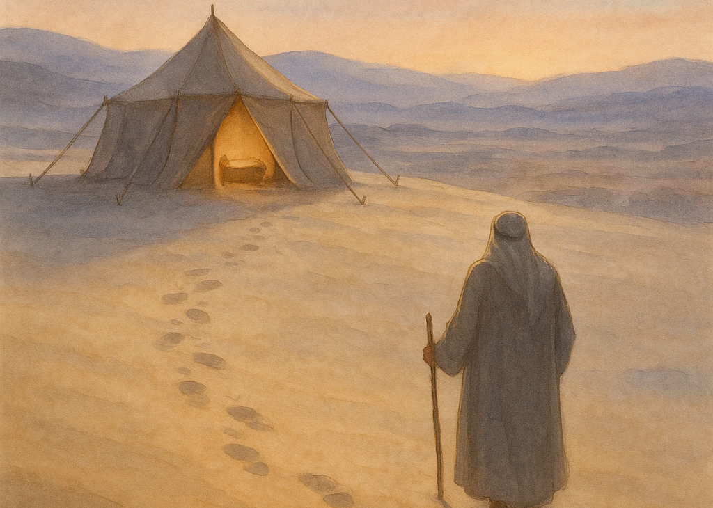 Avraham vu de dos, un bâton à la main, face à une tente éclairée dans le désert sous une étoile, illustration de la paracha Lekh Lekha.